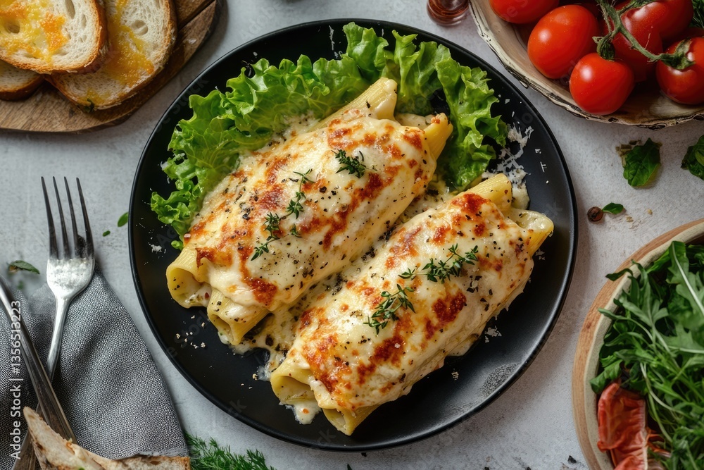 Two Stuffed Manicotti Pasta on Plate with Fresh Bread. Chicken and Cheese Stuffed, Ready to Cook. Red Sauce on Several Plates Two Stuffed Manicotti Pasta on Plate with Fresh Bread. Chicken and Cheese Stuffed, Ready to Cook. Red Sauce on Several Plates