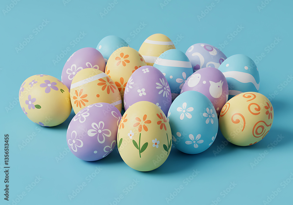 A cheerful display of brightly decorated Easter eggs in pastel shades arranged on a light blue backdrop. A cheerful display of brightly decorated Easter eggs in pastel shades arranged on a light blue backdrop.