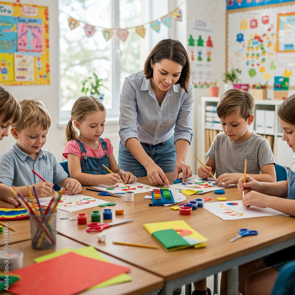 Teacher guiding children in art class, painting and crafting colorful shapes on paper, fostering creativity and learning in a classroom setting Teacher guiding children in art class, painting and crafting colorful shapes on paper, fostering creativity and learning in a classroom setting