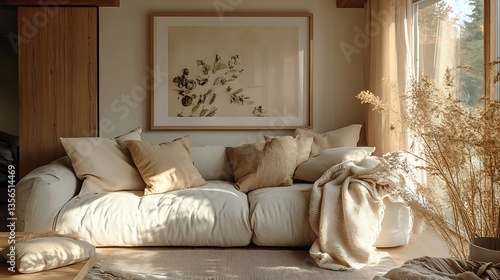 Wallpaper Mural Modern Living Room with Mountain Landscape Art, A modern living room with a large landscape painting, hanging above a gray sofa Torontodigital.ca