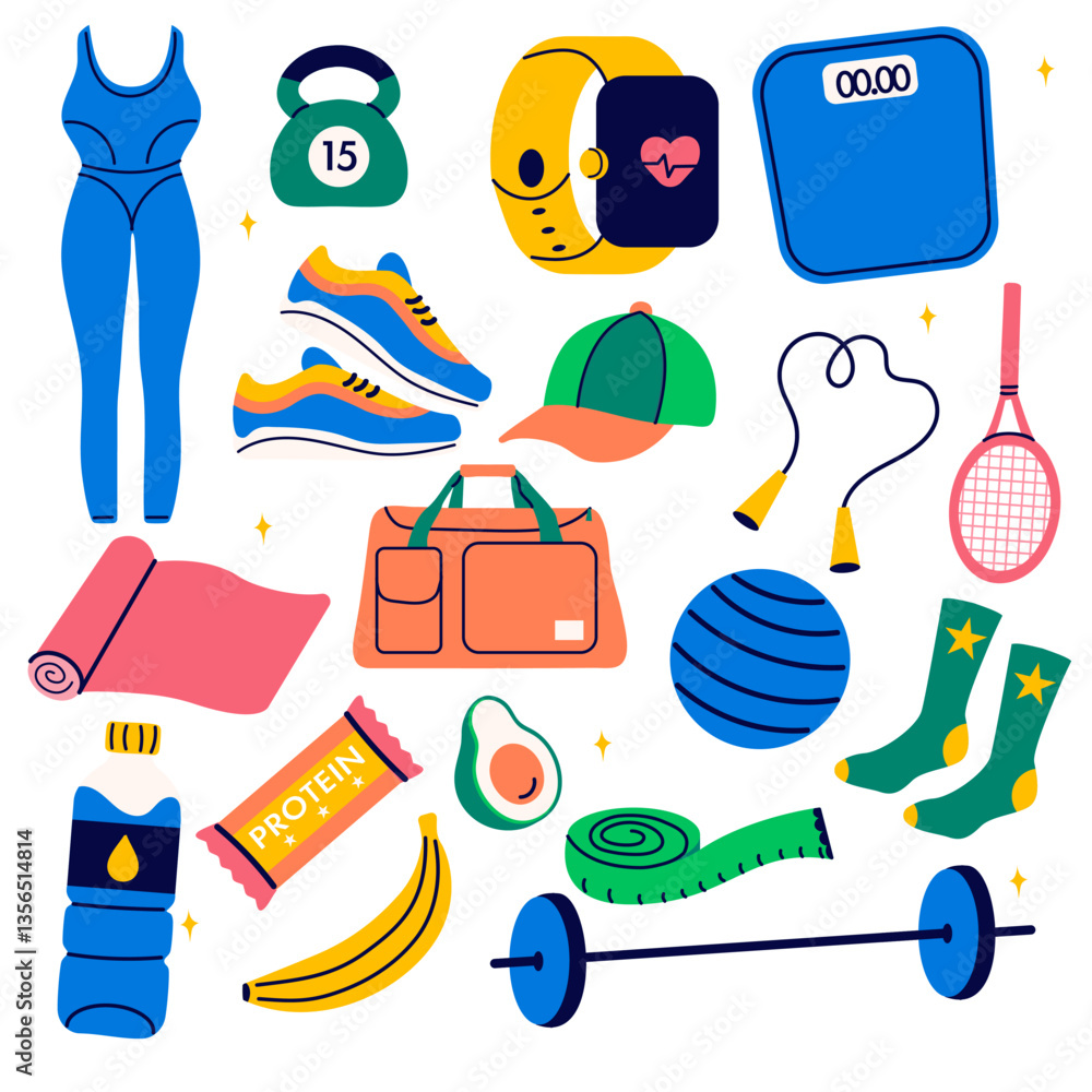 Naklejka premium Collection of fitness gym inventory elements, sport equipment. Healthy lifestyle concept.