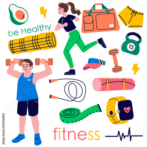 Collection of fitness gym inventory elements, people doing sports, sport equipment. Woman with amputee. Healthy lifestyle concept.
