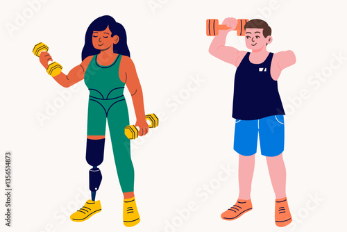 A man with an amputated arm and a woman with a prosthesis are exercising with dumbbells, fitness equipment