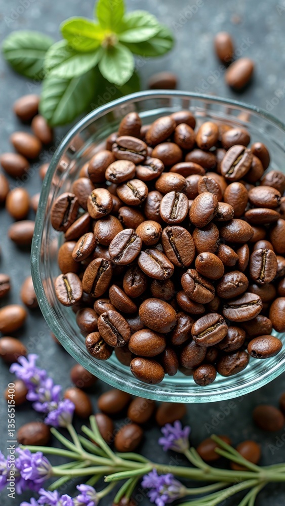 Fototapeta premium Fresh coffee beans in glass bowl with lavender and mint on gray surface