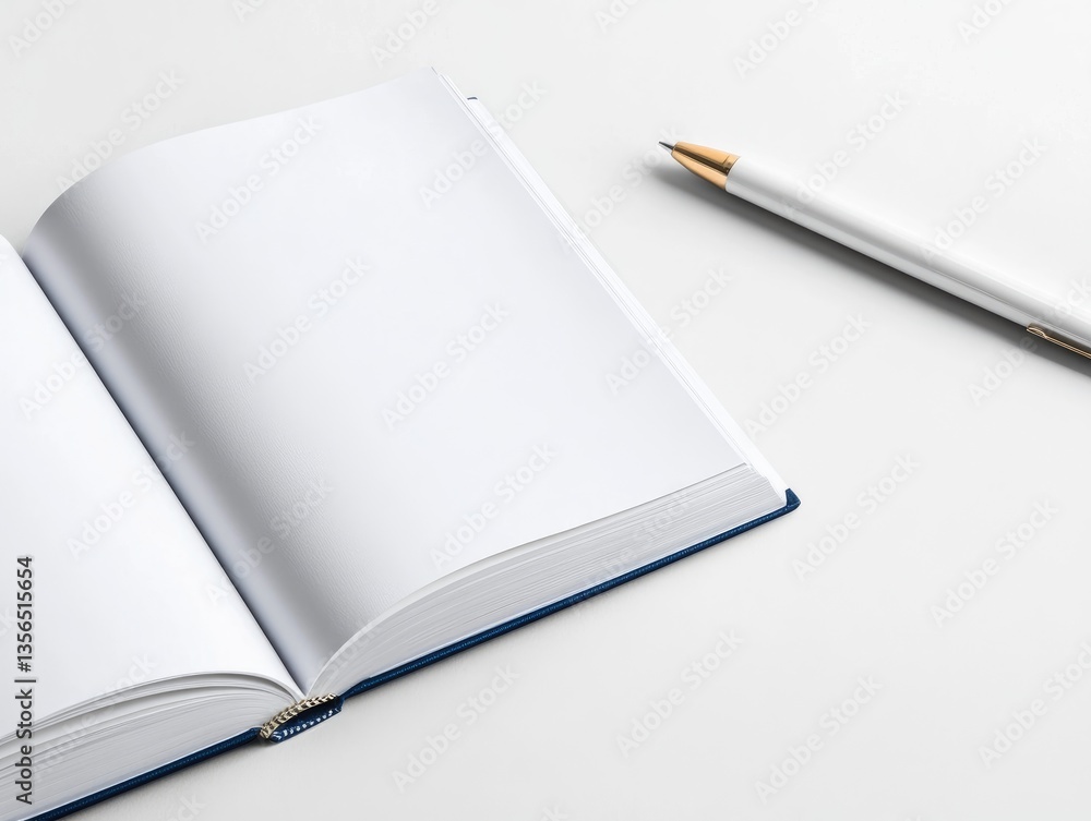 Open book and pen on white surface Open book and pen on white surface