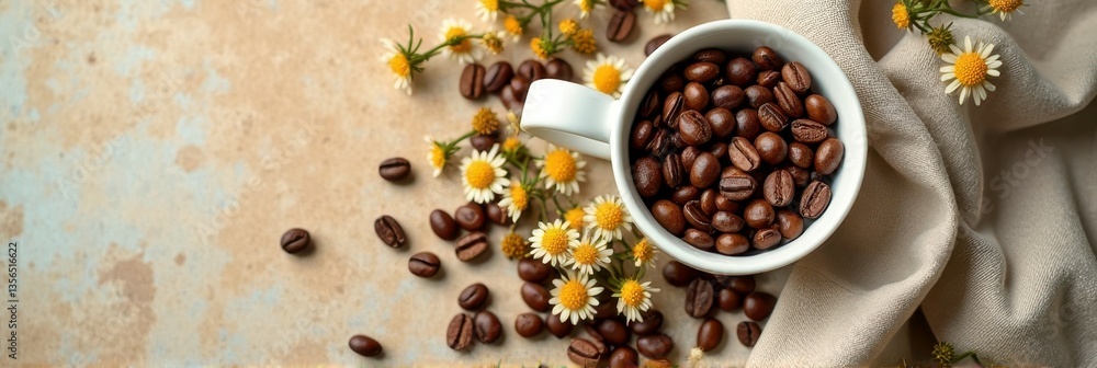 Coffee beans in white cup with chamomile flowers on rustic background Coffee beans in white cup with chamomile flowers on rustic background