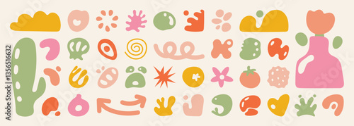 Set of abstract organic shapes vector. Collection of contemporary figure, leaf, flower, sparkle, geometric shape in funky groovy. Cute hippie design element perfect for banner, print, stickers.