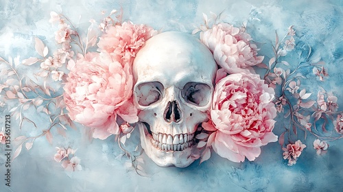 Fototapeta Naklejka Na Ścianę i Meble -  Floral skull bloom intricately designed from pastel-colored peonies and delicate vines, soft watercolor textures, gentle textured paper backdrop, diffuse ambient lighting,