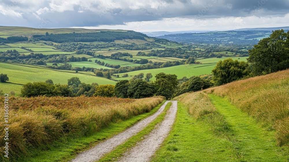 A winding dirt path leading through a green and vibrant countryside A winding dirt path leading through a green and vibrant countryside