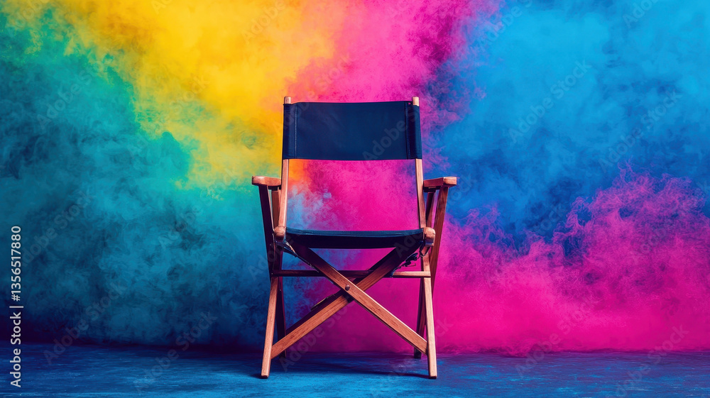 director chair stands prominently against vibrant backdrop of colorful smoke, evoking creativity and inspiration in cinematic setting