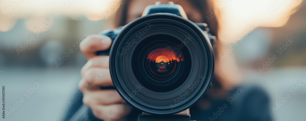 photographer holding camera lens, capturing beautiful sunset scene, showcasing creativity and passion for photography