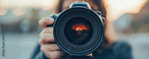 Obraz na płótnie photographer holding camera lens, capturing beautiful sunset scene, showcasing creativity and passion for photography w salonie