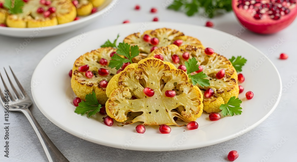Roasted cauliflower steaks with pomegranate seeds and parsley garnish on plates Roasted cauliflower steaks with pomegranate seeds and parsley garnish on plates