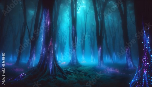 A mystical enchanted forest filled with bioluminescent trees, glowing blue and purple vines hanging from the branches, soft magical light illuminating the misty air, otherworldly and dreamlike