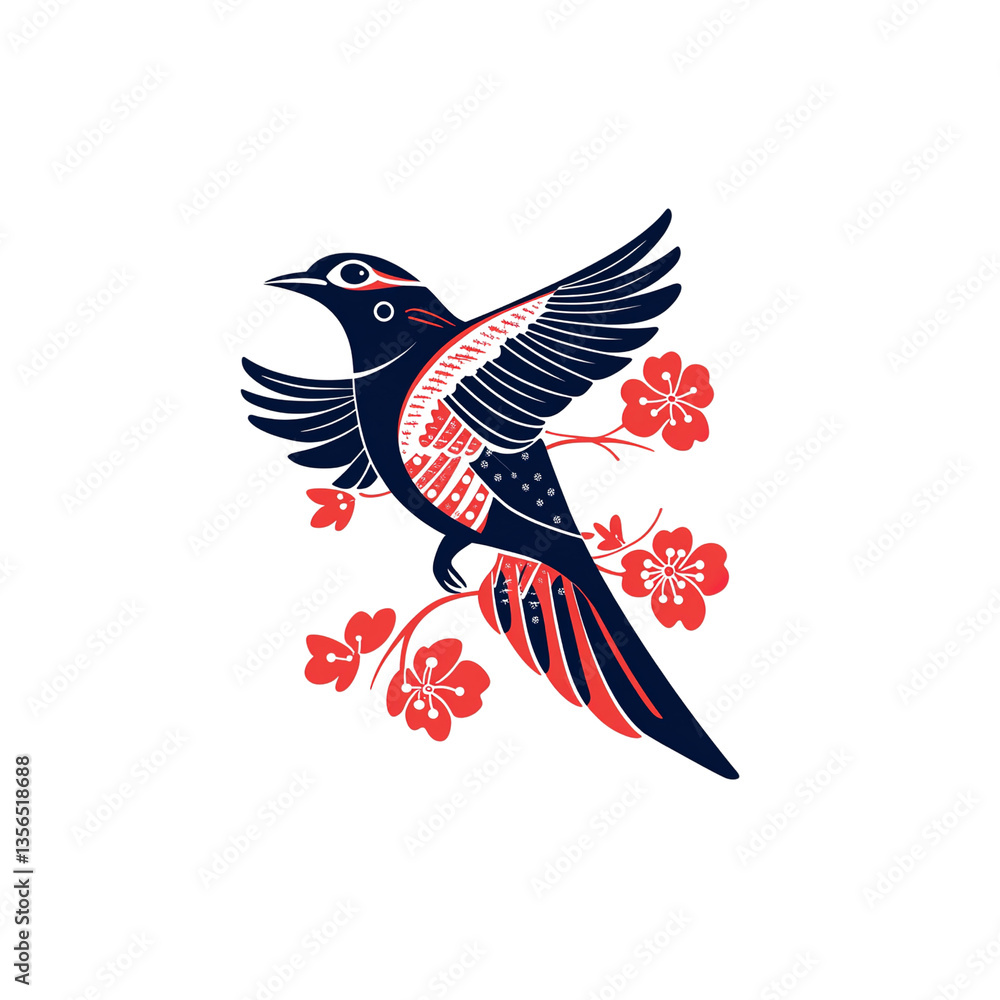 Fototapeta premium Stylized Bird in Flight Amongst Cherry Blossoms - Dark Blue and Coral Design