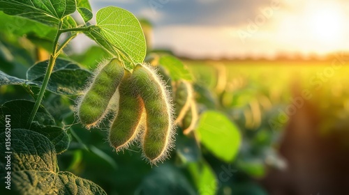 Morning sunlight bathes lush soybean plants, highlighting their green leaves and fuzzy pods in a vibrant field.