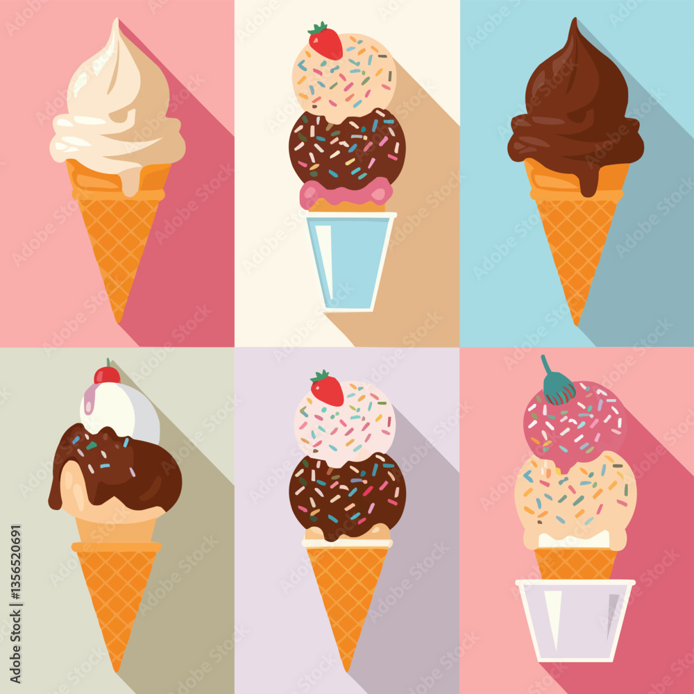 Ice Cream Grid Featuring 6 Unique Flavors in Cones and Cups Ice Cream Grid Featuring 6 Unique Flavors in Cones and Cups