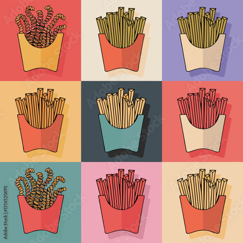 Nine Types of Fries Arranged in a 3x3 Aesthetic Grid