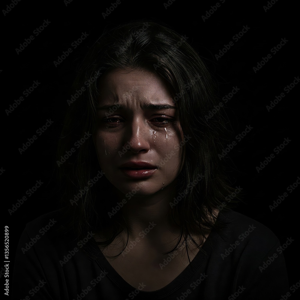 Sad woman in depression and despair crying on black dark background Sad woman in depression and despair crying on black dark background