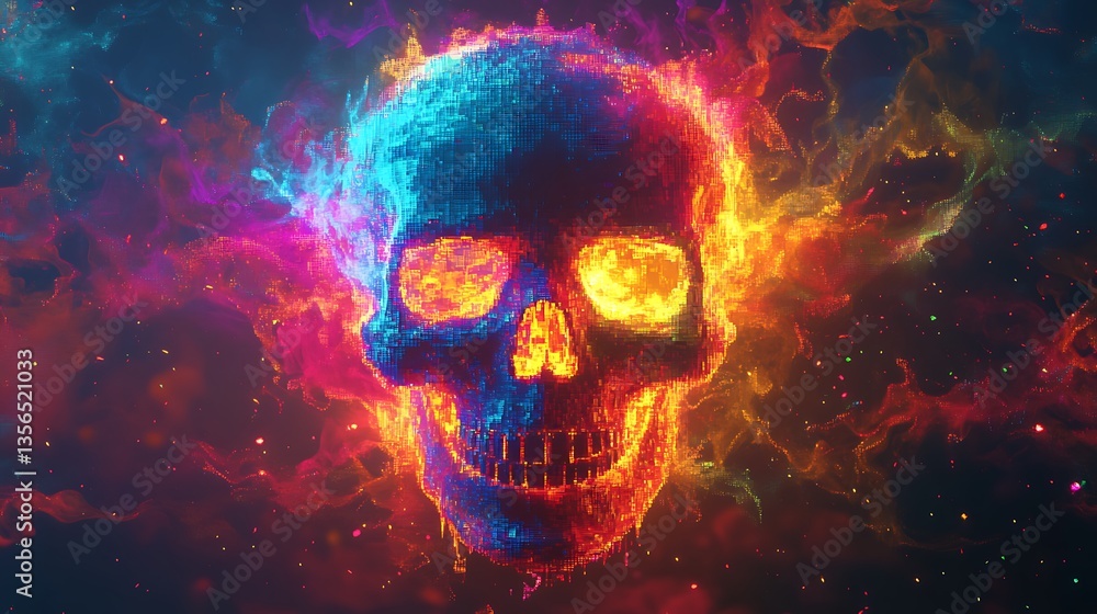 Pixel skull surrounded by vividly burning rainbow-colored digital flames, classic retro-game inspired environment, dynamic neon pixel lighting, Pixel skull surrounded by vividly burning rainbow-colored digital flames, classic retro-game inspired environment, dynamic neon pixel lighting,