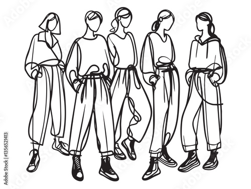 Stylish fashion models. Fashion girls Sketch. Woman in pants and in moccasins. Casual sport style