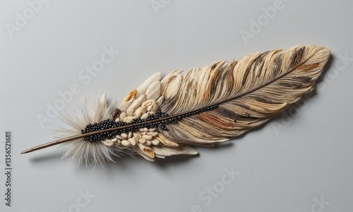 A highly detailed and intricate rendering of a single feather, made completely of various kinds of dried beans and lentils. photo