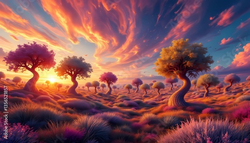 Dreamy Field with Trees at Sunset, Whimsical Landscape for Art
