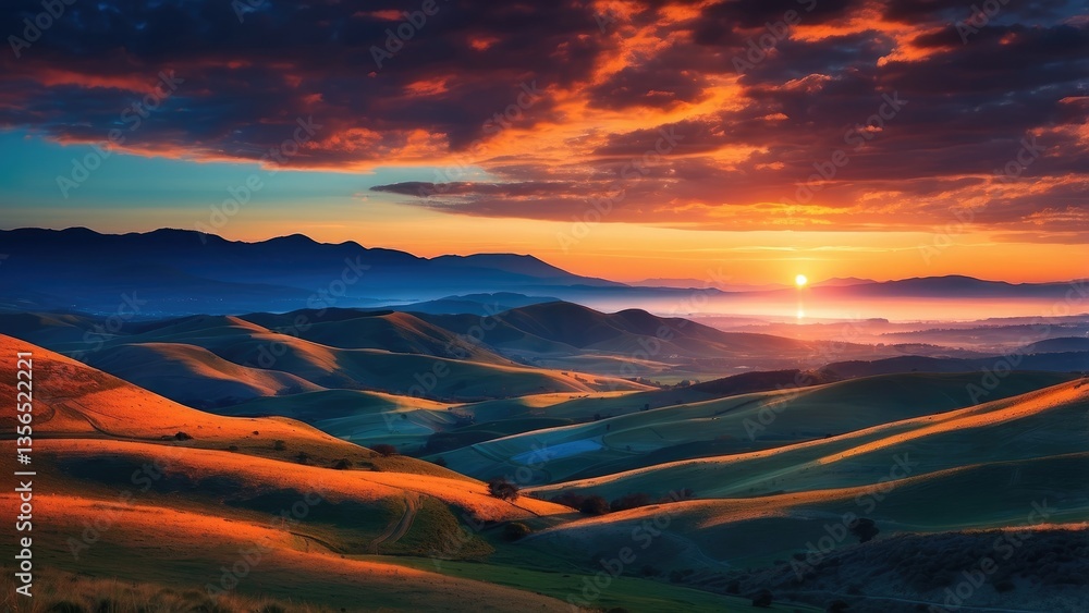 Fototapeta premium A vibrant, digitally-created landscape of gently rolling hills is illuminated by countless small orange lights