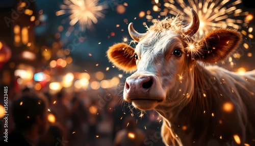 Cow Celebrating with Fireworks at Night Festival, Festive Event
