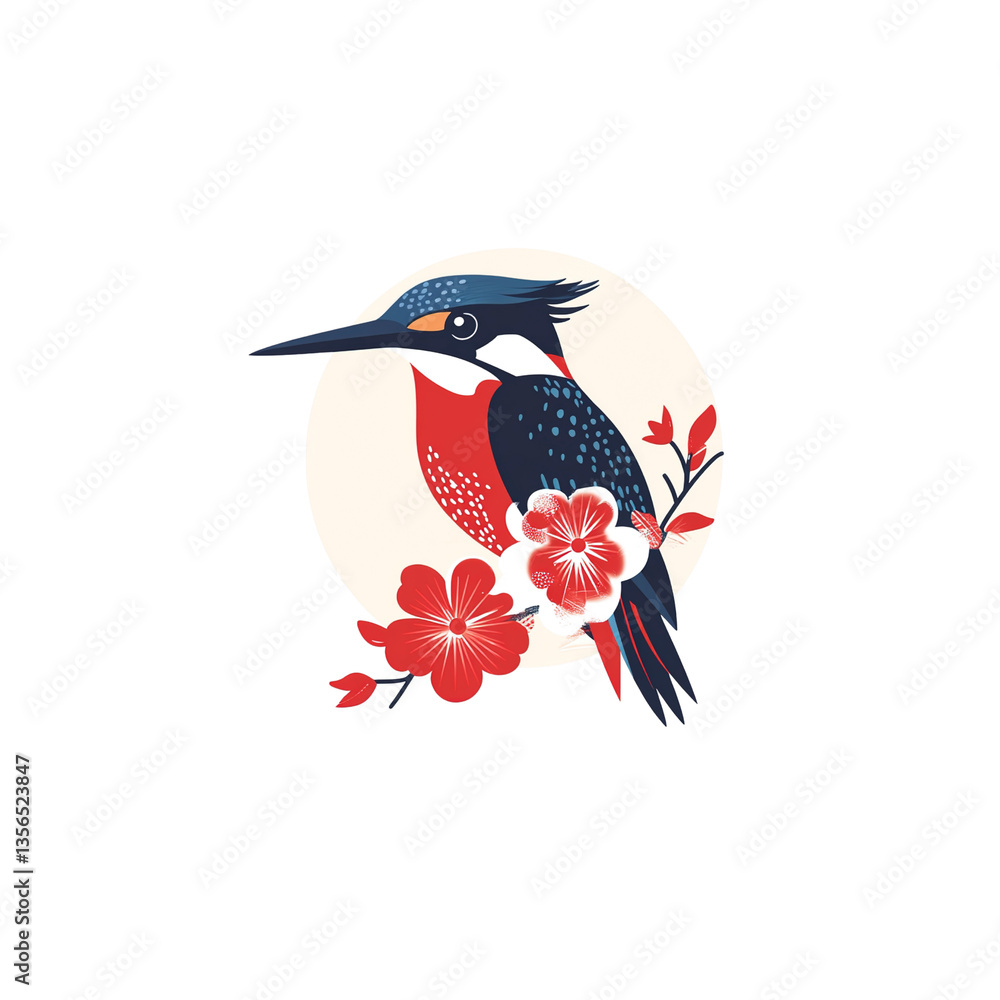 Obraz premium Elegant Kingfisher Bird with Red Blossoms on Beige Circle