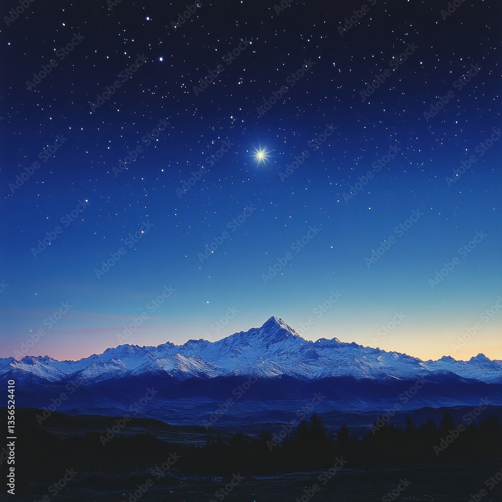 Majestic Snowy Mountain Range Under a Starry Night Sky with a Bright Star Shining Above the Peaks Serene Landscape Majestic Snowy Mountain Range Under a Starry Night Sky with a Bright Star Shining Above the Peaks Serene Landscape
