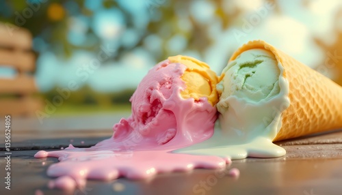 Melting Ice Cream Cones on Wooden Table in Summer Sunlight