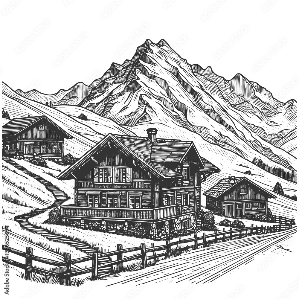 Φωτογραφία alpine village nestled in a valley, surrounded by towering mountains and a serene lake, drawn in an engraved, woodcut style sketch engraving generative ai raster