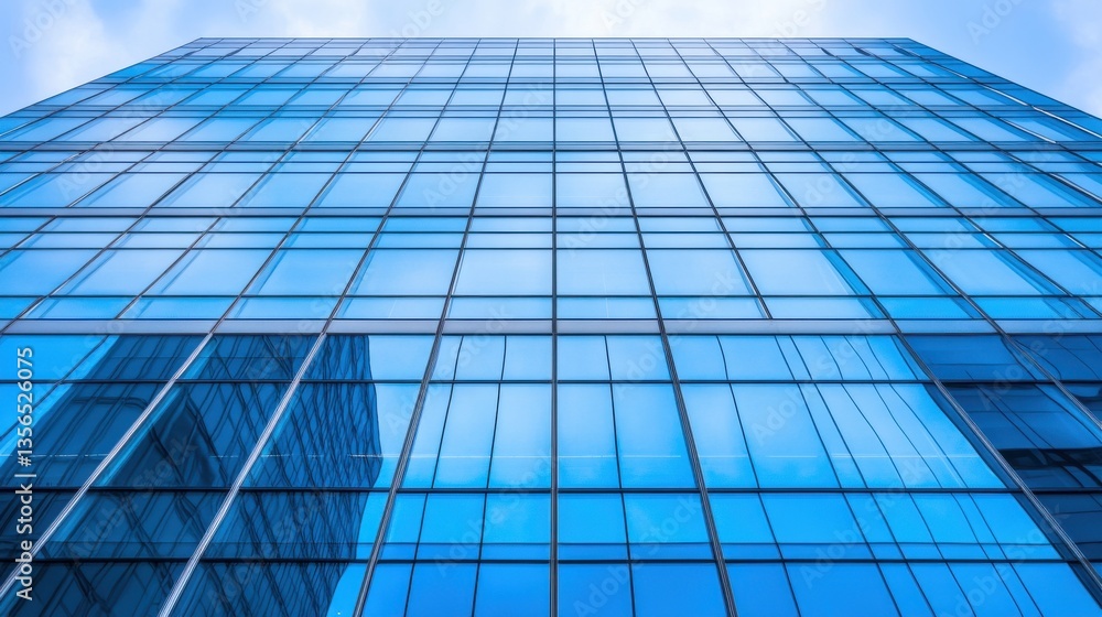 Modern Glass Building Exterior with Reflections and Clear Sky View Modern Glass Building Exterior with Reflections and Clear Sky View