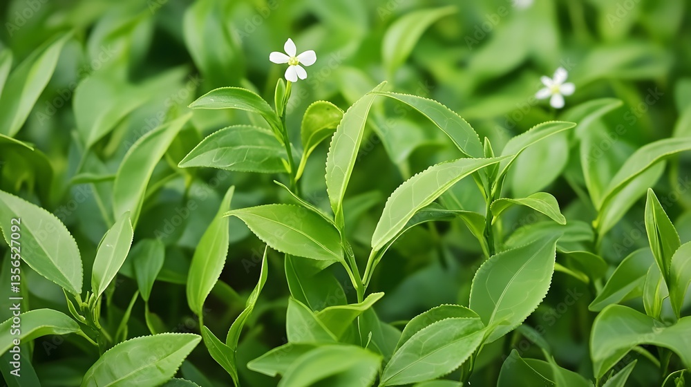 Obraz premium Lush Green Tea Plantation with Delicate White Flowers