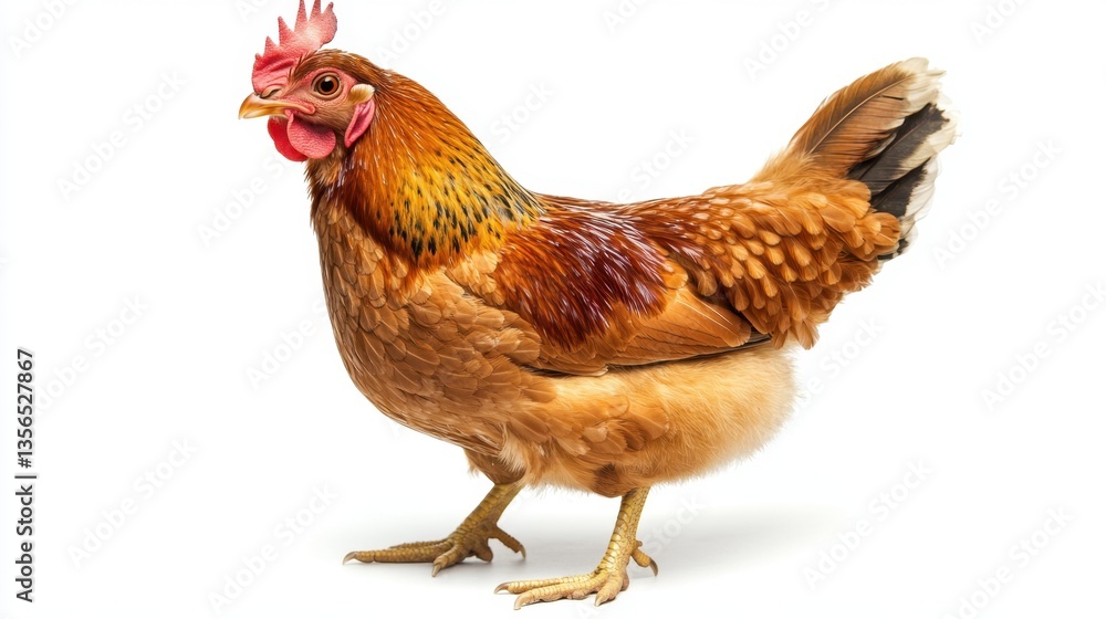 Fototapeta premium Majestic brown hen standing gracefully against a pristine white backdrop in a studio setting showcasing vibrant plumage