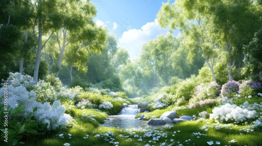 Lush forest stream, vibrant greenery, sunny day Lush forest stream, vibrant greenery, sunny day