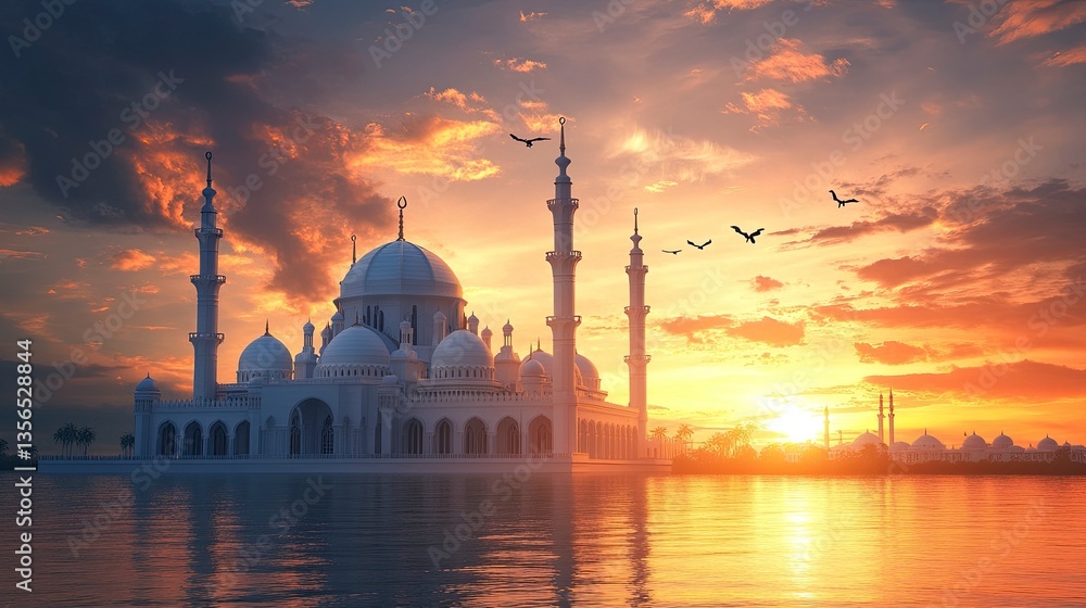 Fototapeta premium 3D mosque with beautiful sunlight and shadow effect on a sunset background, detailed illustration, high resolution, professional photograph. The ultra-high-resolution camera captures the intricate det