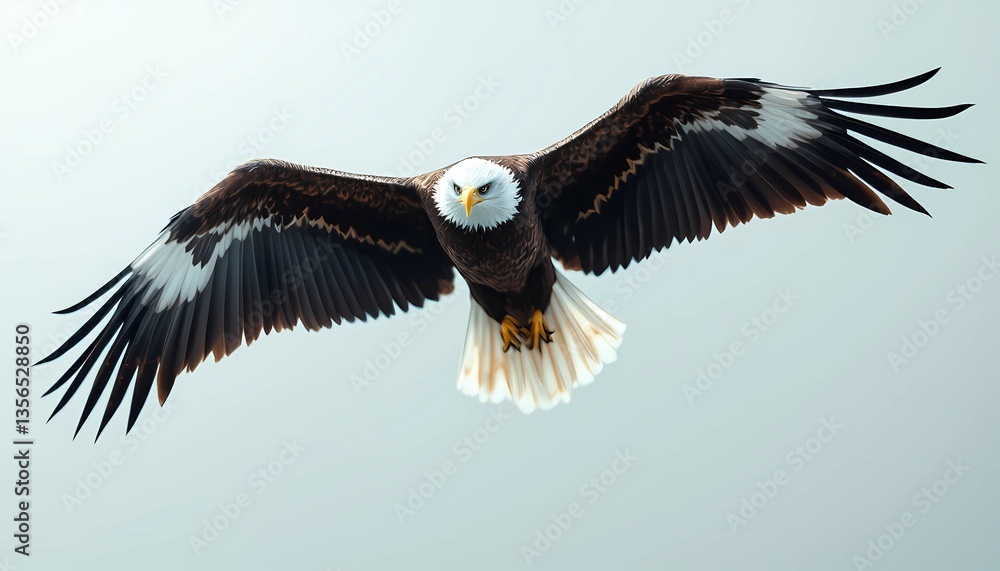 Naklejka premium Bald Eagle Flying with Open Wings Against a Bright Sky
