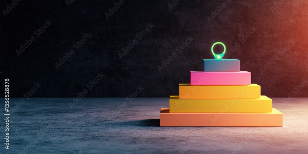 Strategic planning resources optimization concept. Colorful geometric shapes stacked with a glowing point at the top. Strategic planning resources optimization concept. Colorful geometric shapes stacked with a glowing point at the top.