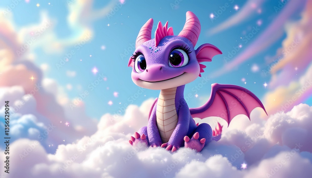 Adorable Purple Dragon Cartoon Sitting on Fluffy Clouds in Dreamy Sky Adorable Purple Dragon Cartoon Sitting on Fluffy Clouds in Dreamy Sky