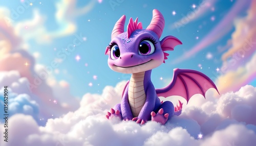 Adorable Purple Dragon Cartoon Sitting on Fluffy Clouds in Dreamy Sky