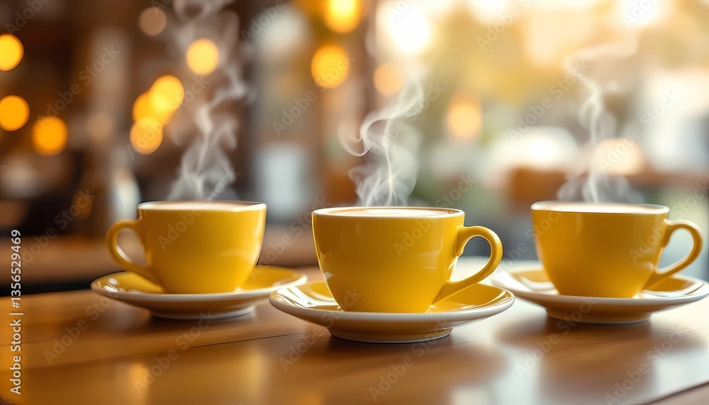 Fototapeta premium Steaming Yellow Coffee Cups on Table in Cafe with Bokeh Lights