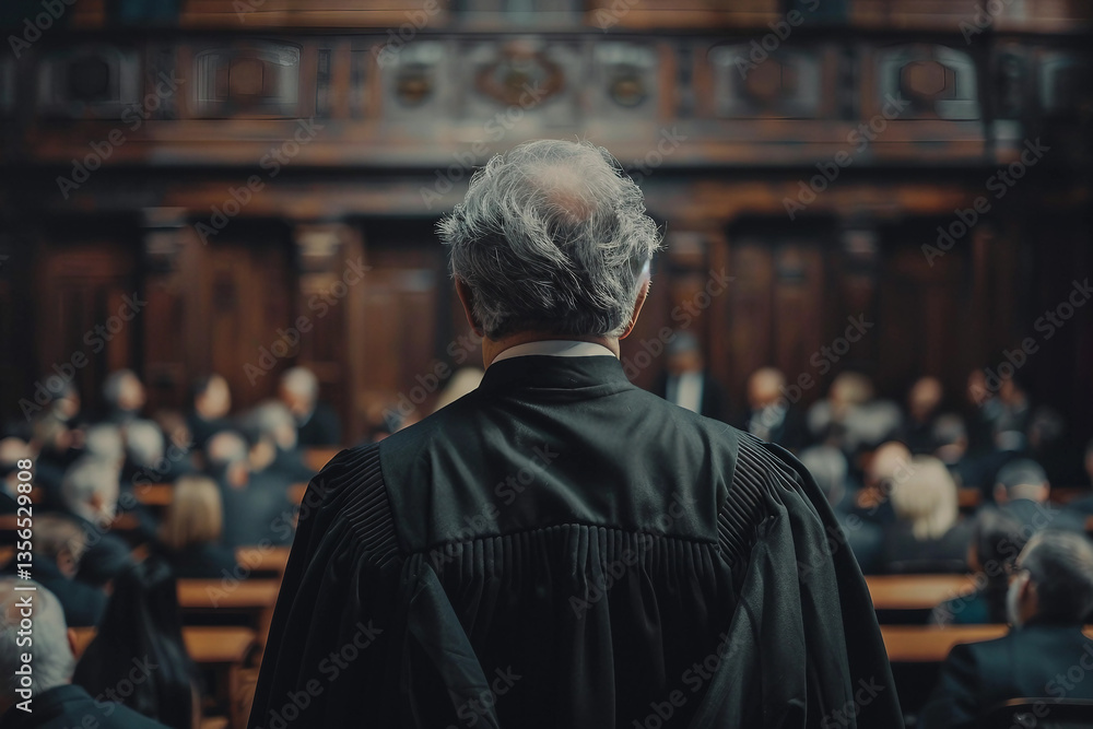 Generative AI representation of a judge presiding in a courtroom during a legal trial Generative AI representation of a judge presiding in a courtroom during a legal trial