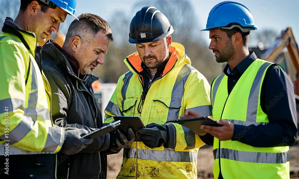 Civil engineers on construction site are reading technical information Civil engineers on construction site are reading technical information