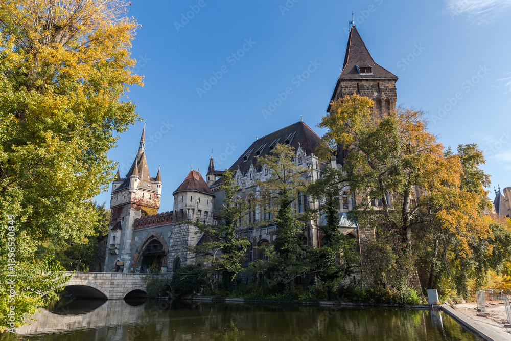 Vajdahunyad Castle from main entrance side at sunny day, Budapest Vajdahunyad Castle from main entrance side at sunny day, Budapest