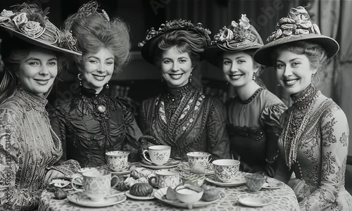 Group photo of women in hats in cafe, vintage 1880, 19th century fashion and life style