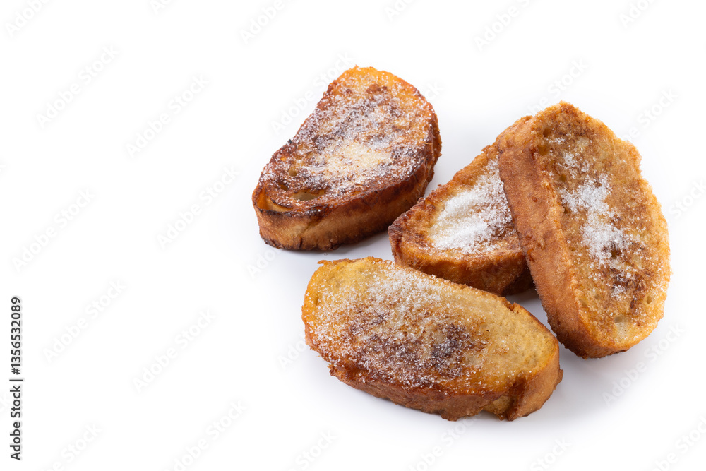 Traditional Spanish torrijas for Holy Week isolated on white background. Copy space Traditional Spanish torrijas for Holy Week isolated on white background. Copy space