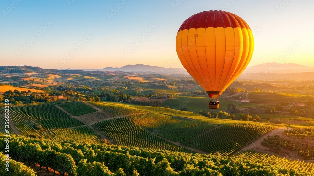Obraz premium Hot air balloon adventure over scenic vineyards beautiful landscape drone view serenity in nature