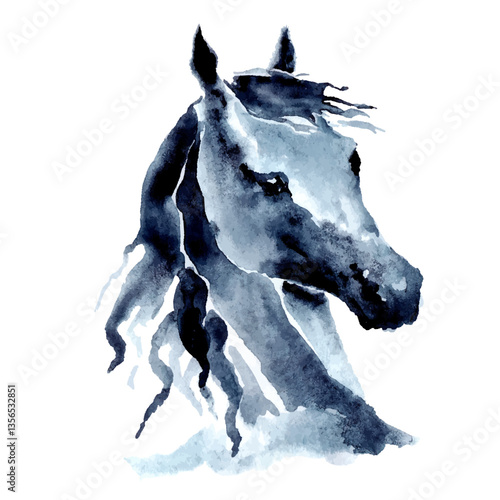 Watercolor or ink hand drawing horse, pony, stallion, mare head. Hand painting vector graceful romantic Japanese style art. Horse riding hobby. Indigo dark color equine art silhouette by brush stroke